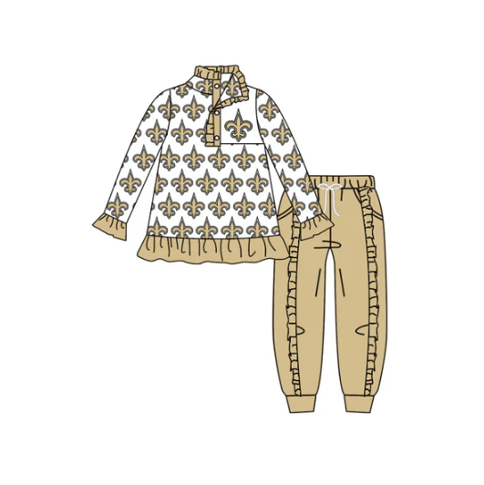 8.6 preorder(moq 5) Baby Girls Khaki Saint Team Long Sleeve Top Ruffle Pants Clothes Sets