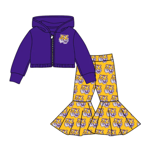 8.6 Preorder(moq 5) Baby Girls LSU Tiger Team Hooded Shirts Top Bell Pants Clothes Sets