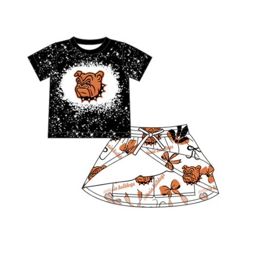 8.6 moq 5 preorder Baby Girls Black Short Sleeves Bulldogs Top Bows Plaid Short Skirts Team Set
