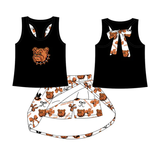 8.6 moq 5 preorder Baby Girls Black Sleeveless Bulldogs Vest Top Bows Plaid Short Skirts Team Set