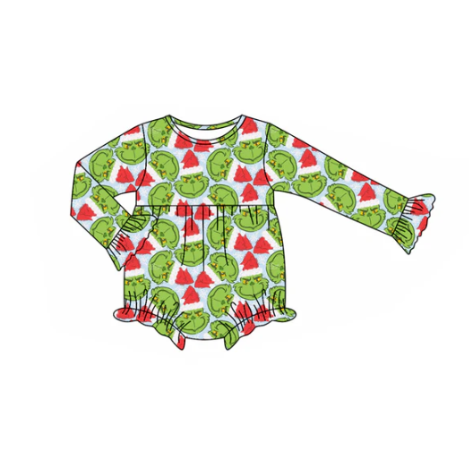 8.8 Preorder(moq 5)Baby Girls Green Face Plaid Christmas Ruffle Rompers