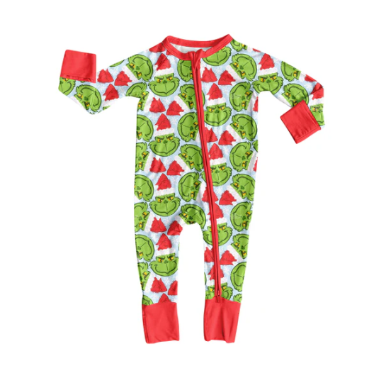 8.8 Preorder(moq 5)Baby Girls Green Face Plaid Christmas Zipper Footie Rompers