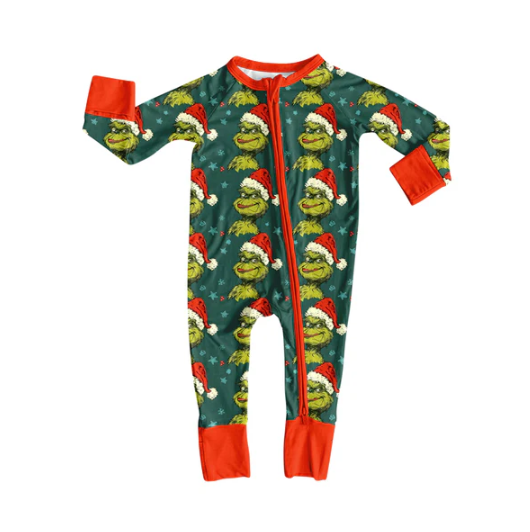 8.8 Preorder(moq 5)Baby Boys Green Face Stars Stripe Christmas Zipper Footie Rompers
