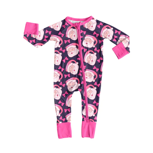 8.8 Preorder(moq 5)Baby Boys Pink Santa Bows Plaid Christmas Zipper Footie Rompers