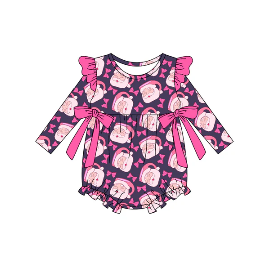8.8 Preorder(moq 5)Baby Girls Pink Santa Bows Plaid Christmas Ruffle Rompers