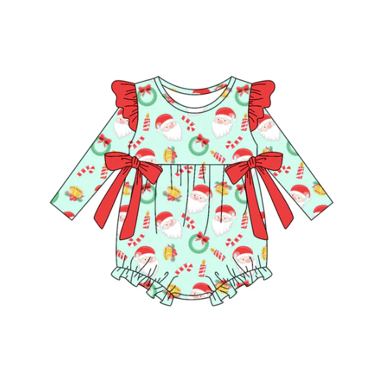 8.8 Preorder(moq 5)Baby Girls Santa Candy Cane Bows Christmas Ruffle Rompers