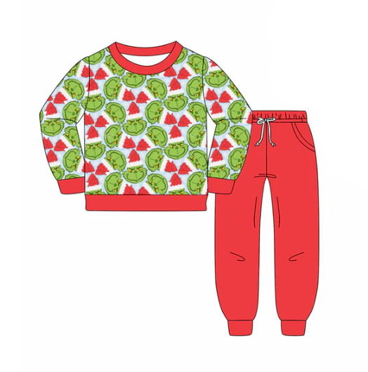 8.8 Preorder(moq 5) Baby Boys Green Face Plaid Top Pockets Legging Pants Christmas Set