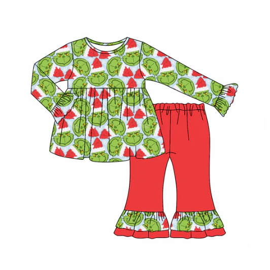 8.8 Preorder(moq 5) Baby Girls Green Face Plaid Tunic Ruffle Pants Christmas Set