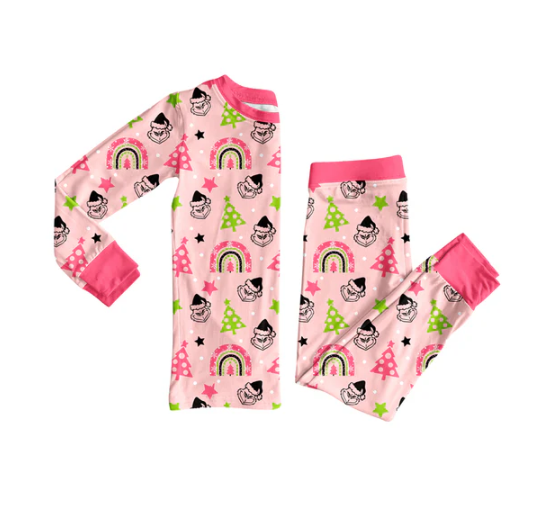 8.8 Preorder(moq 5) Baby Girls Pink Christmas Trees Green Face Top Pants Pajamas Set