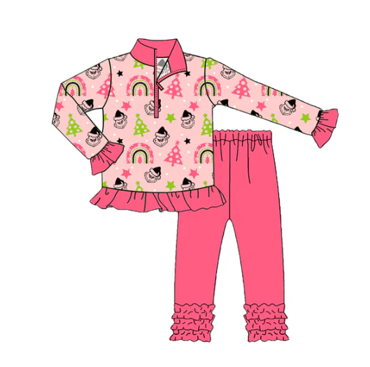 8.8 Preorder(moq 5) Baby Girls Pink Christmas Trees Green Face Zipper Pullover Legging Pants Set