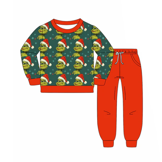 8.8 Preorder(moq 5) Baby Boys Green Face Stars Stripe Top Pockets Legging Pants Christmas Set