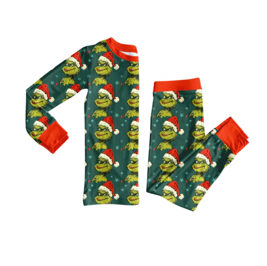 8.8 Preorder(moq 5) Baby Girls Green Face Stars Stripe Top Pants Christmas Pajamas Set