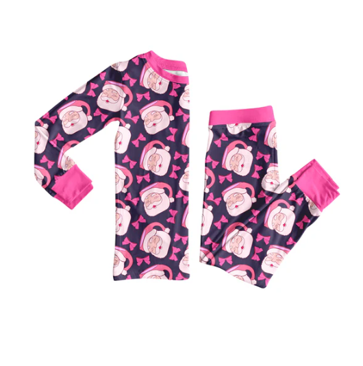 8.8 Preorder(moq 5) Baby Girls Pink Santa Bows Plaid Top Pants Christmas Pajamas Set