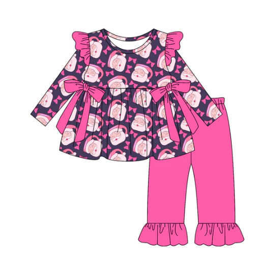 8.8 Preorder(moq 5) Baby Girls Pink Santa Bows Plaid Tunic Ruffle Pants Christmas Set