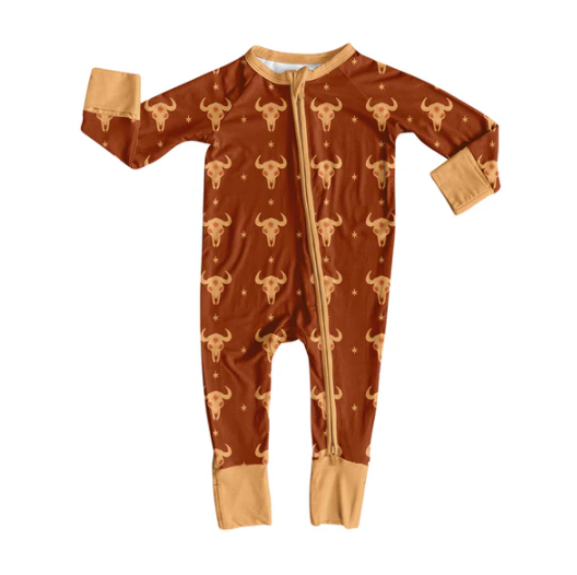 8.8 Preorder(moq 5)Baby Boys Bull Skull Stars Plaid Western Zipper Footie Rompers