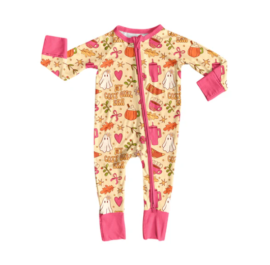 8.8 Preorder(moq 5)Baby Girls Pink Bows Ghosts Halloween Zipper Footie Rompers