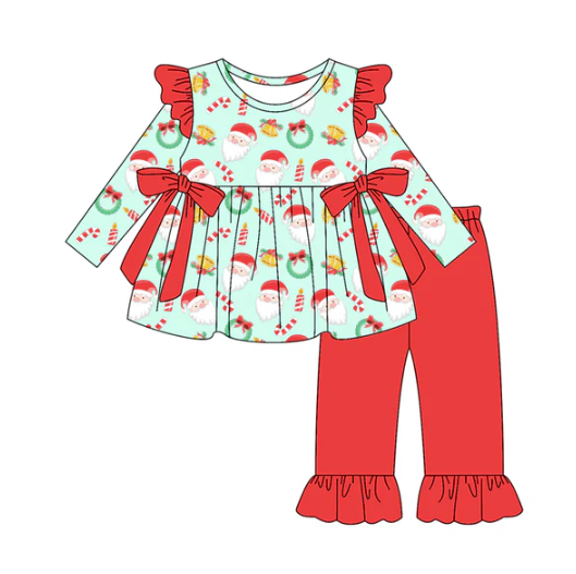 8.8 Preorder(moq 5) Baby Girls Santa Candy Cane Bows Tunic Ruffle Pants Christmas Set