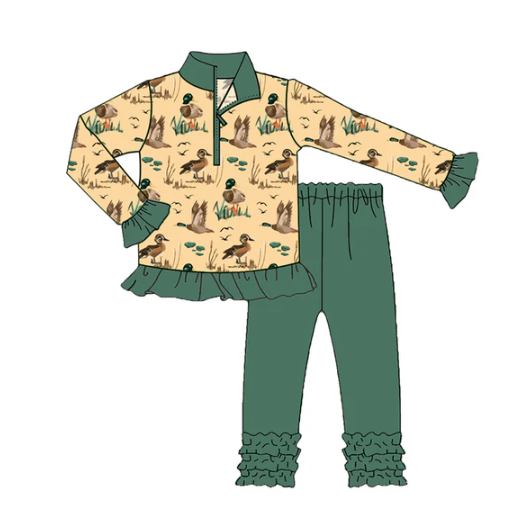 8.8 Preorder(moq 5) Baby Girls Ducks Zipper Pullovers Top Legging Pants Western Set