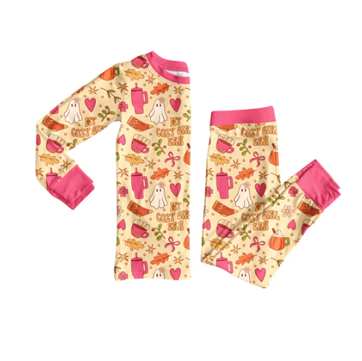 8.8 Preorder(moq 5) Baby Girls Pink Bows Ghosts Top Pants Halloween Pajamas Set