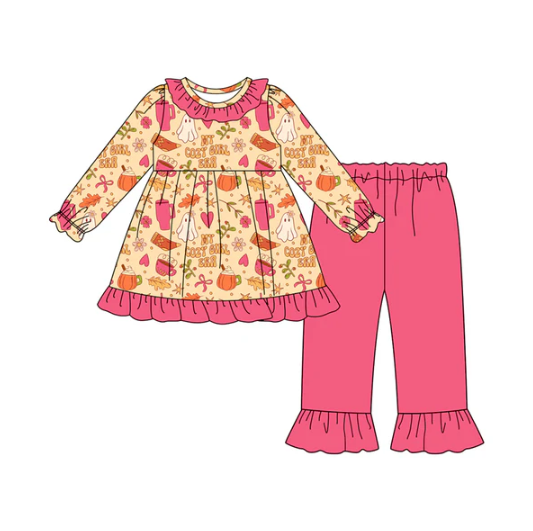 8.8 Preorder(moq 5) Baby Girls Pink Bows Ghosts Tunic Ruffle Pants Halloween Set
