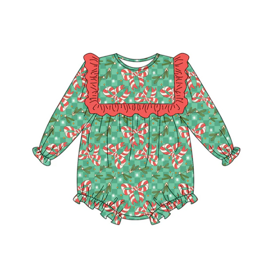 8.8 Preorder(moq 5)Baby Girls Holly Plaid Candy Cane Bows Christmas Ruffle Rompers