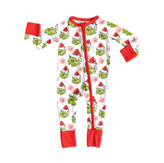 8.8 Preorder(moq 5)Baby Boys Green Face Snowflake Plaid Christmas Zipper Footie Rompers