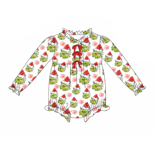 8.8 Preorder(moq 5)Baby Girls Green Face Snowflake Plaid Button Christmas Ruffle Rompers