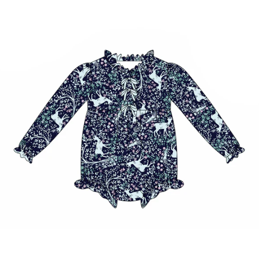 8.8 Preorder(moq 5)Baby Infant Girls Blue Floral Deer Plaid Button Ruffle Rompers