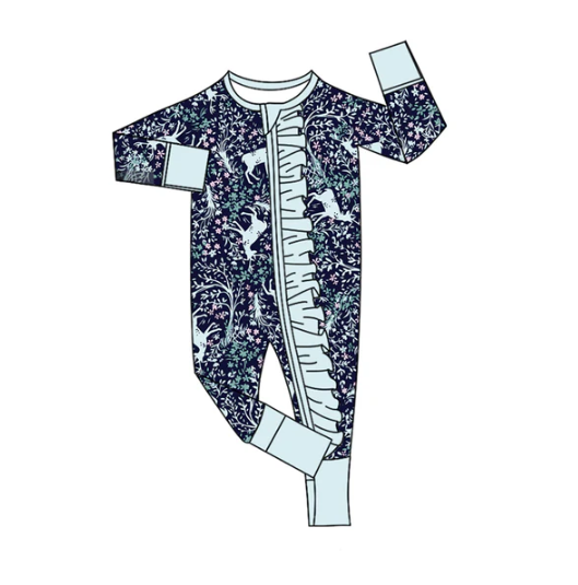 8.8 Preorder(moq 5)Baby Infant Girls Blue Floral Deer Ruffle Zipper Footie Rompers