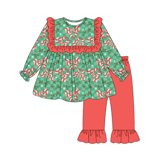 8.8 Preorder(moq 5) Baby Girls Holly Plaid Candy Cane Bows Tunic Ruffle Pants Christmas Set