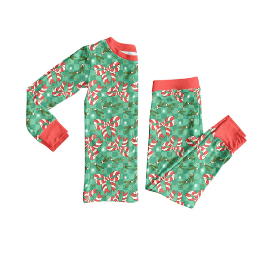 8.8 Preorder(moq 5) Baby Girls Holly Plaid Candy Cane Bows Top Pants Christmas Pajamas Set