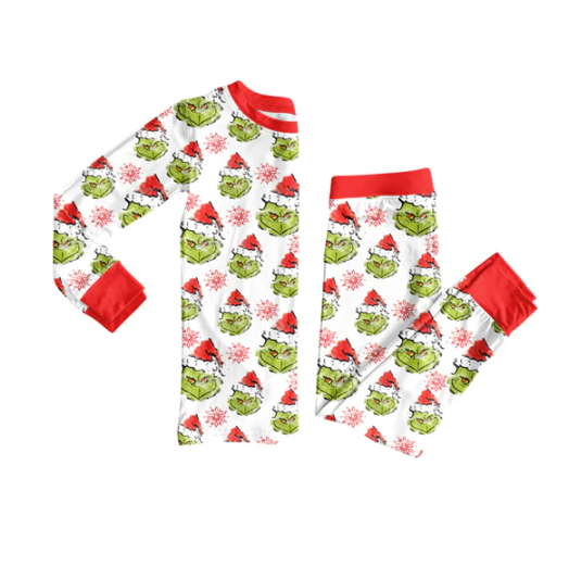 8.8 Preorder(moq 5) Baby Girls Green Face Snowflake Top Pants Christmas Pajamas Set