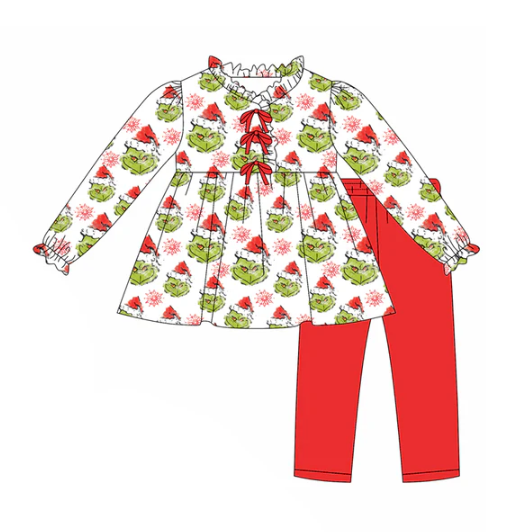 8.8 Preorder(moq 5) Baby Girls Green Face Snowflake Button Tunic Legging Pants Christmas Set