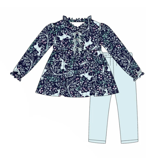 8.8 Preorder(moq 5) Baby Girls Blue Floral Deer Button Tunic Legging Pants Clothes Set