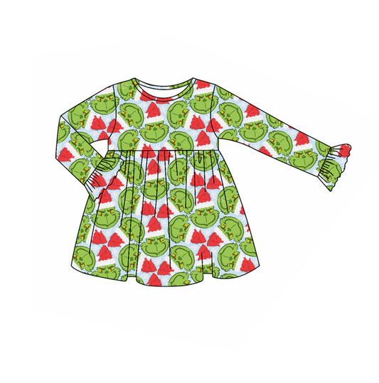 8.9 Preorder(moq 5) Baby Girls Green Face Plaid Christmas Knee Length Dresses