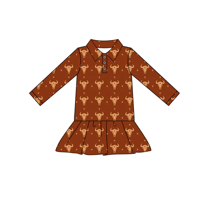 8.9 Preorder(moq 5) Baby Girls Bull Skull Stars Button Western Ruffle Knee Length Dresses