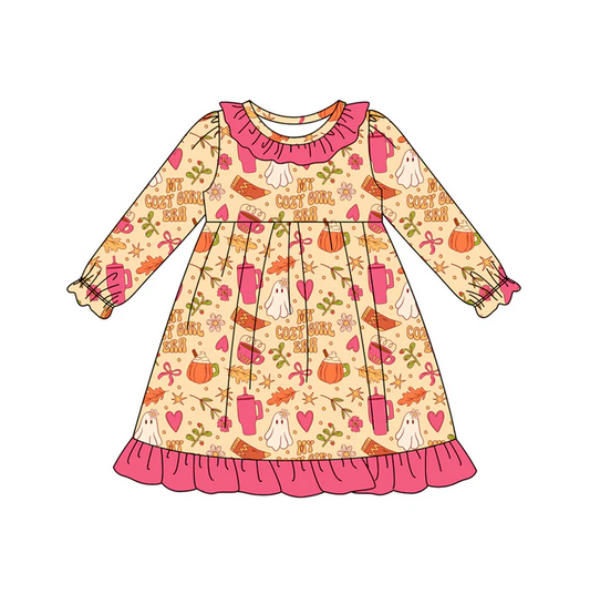 8.9 Preorder(moq 5) Baby Girls Pink Bows Ghosts Halloween Knee Length Dresses