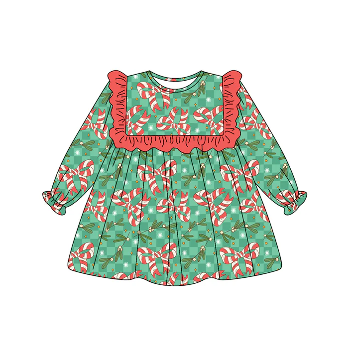 8.9 Preorder(moq 5) Baby Girls Holly Plaid Candy Cane Bows Christmas Knee Length Dresses