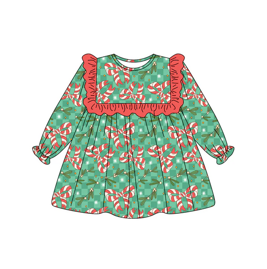 8.9 Preorder(moq 5) Baby Girls Holly Plaid Candy Cane Bows Christmas Knee Length Dresses