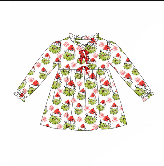 8.9 Preorder(moq 5) Baby Girls Green Face Snowflake Button Christmas Knee Length Dresses