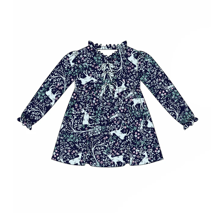 8.9 Preorder(moq 5) Baby Girls Blue Floral Deer Button Knee Length Dresses