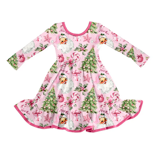 8.9 GLD1252 Baby Girls Santa Candy Cane Christmas Trees Ruffle Knee Length Dresses Preorder
