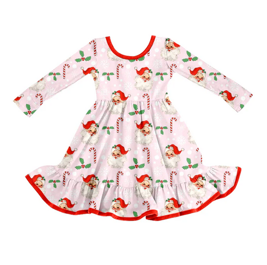 8.9 GLD1251 Baby Girls Santa Candy Cane Holly Christmas Ruffle Knee Length Dresses Preorder