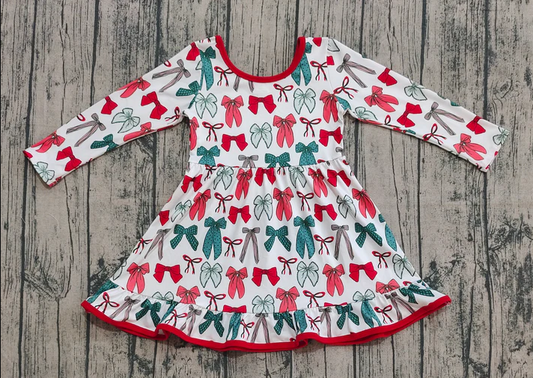 8.9 GLD1250 Baby Girls Green Red Bows Plaid Christmas Ruffle Knee Length Dresses Preorder