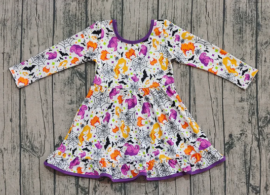 8.9 GLD1249 Baby Girls Cartoon Hairs Spider Halloween Ruffle Knee Length Dresses Preorder