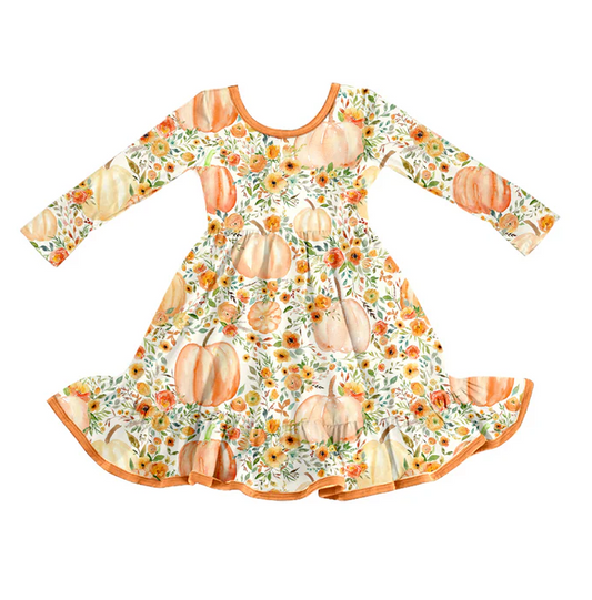 8.9 GLD1248 Baby Girls Pumpkins Floral Fall Ruffle Knee Length Dresses Preorder