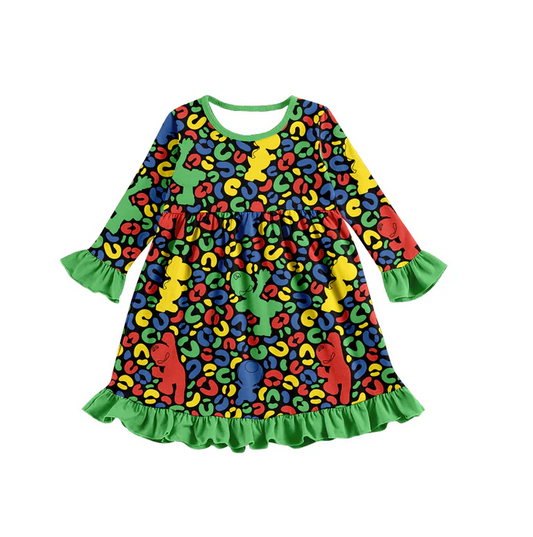 8.9 Baby Girls Green Leopard Cartoon Knee Length Dresses preorder(moq 5)