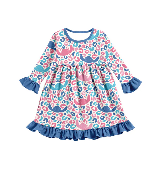8.9 Baby Girls Blue Leopard Cartoon Knee Length Dresses preorder(moq 5)