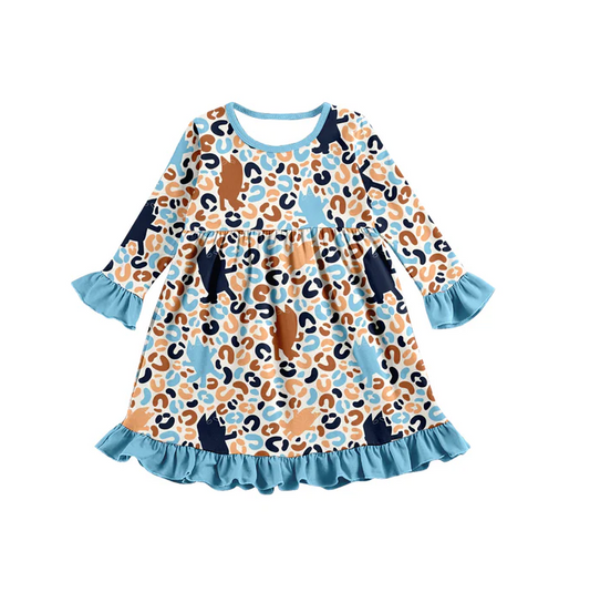 8.9 Baby Girls Blue Leopard Cartoon Dogs Knee Length Dresses preorder(moq 5)
