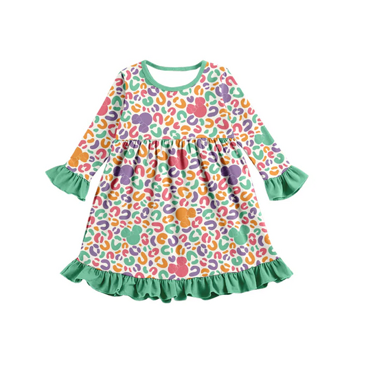 8.9 Baby Girls Green Leopard Cartoon Mouse Knee Length Dresses preorder(moq 5)